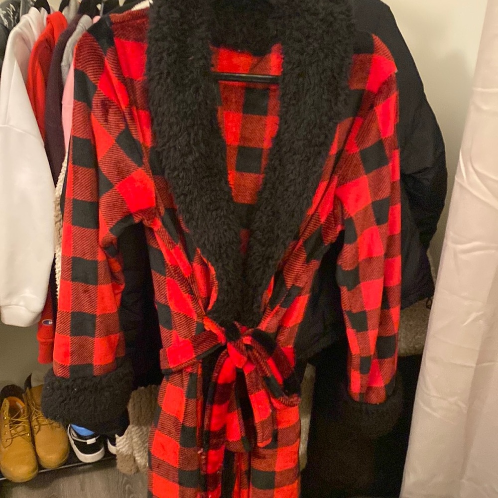 Red and black checkered soft fluffy robe.